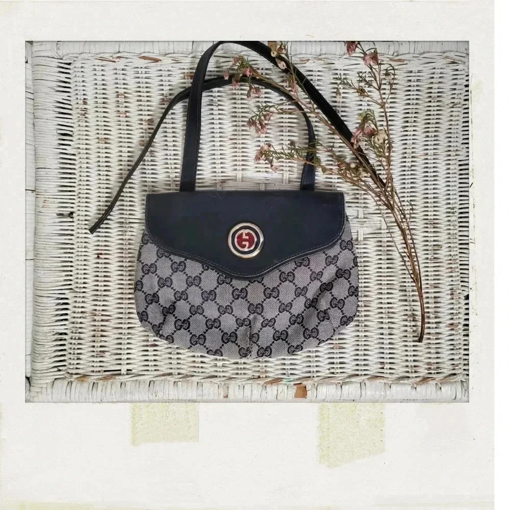 Gucci Vintage Blue GG Leather Monogram Mini Cosmetic Pouch Clutch Upcycl…